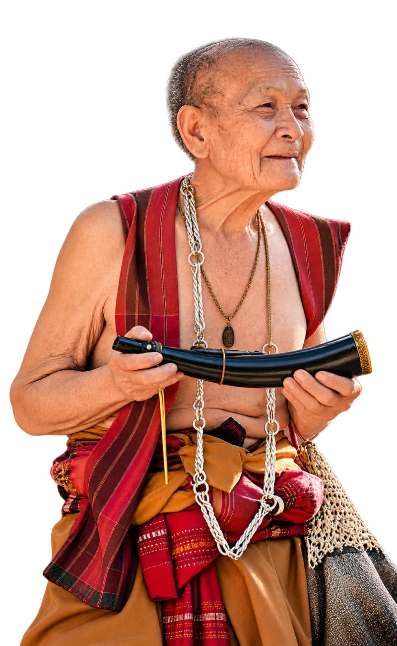 A Kui elder mahout in traditional cloth, holding a horn and smiling toward the elephant