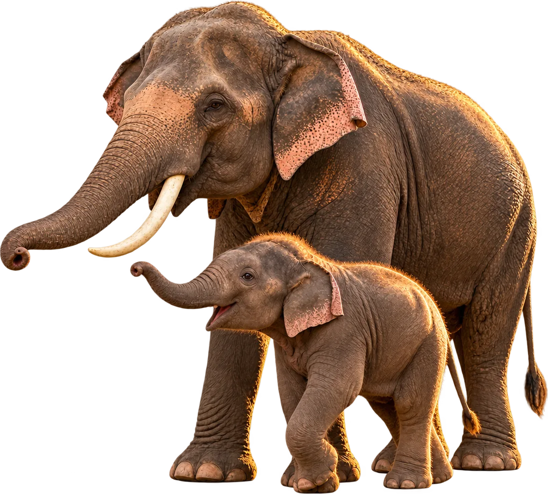 A mother elephant and her calf reaching out their trunks for a banana