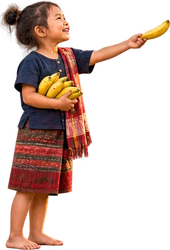 A smiling girl in a woven sarong offering a banana to the elephants